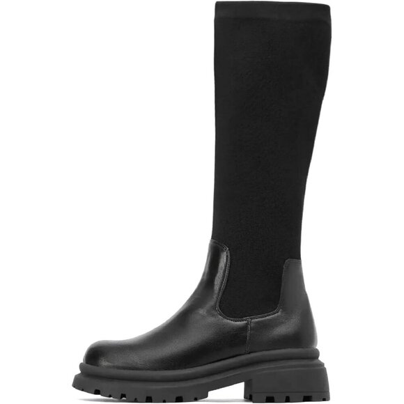 🆕 MOUSSE FIT Women's Black Knee High Rubber Boots Lug Sole Platform Block Heel - Picture 1 of 6